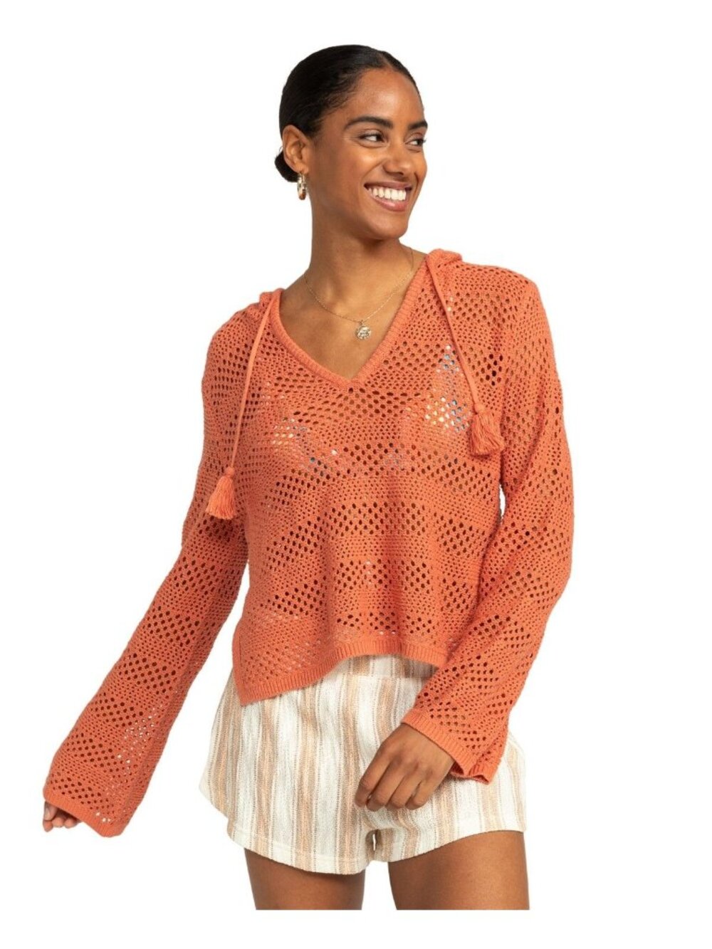 Roxy Womens Beach Break Ii Hoodie Poncho Sweater Apricot Brandy Size M NWT